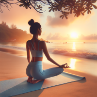 wide photo shot of a girl doing yoga at the beach, at dawn. She is wearing light blue leggings and matching sport bra.